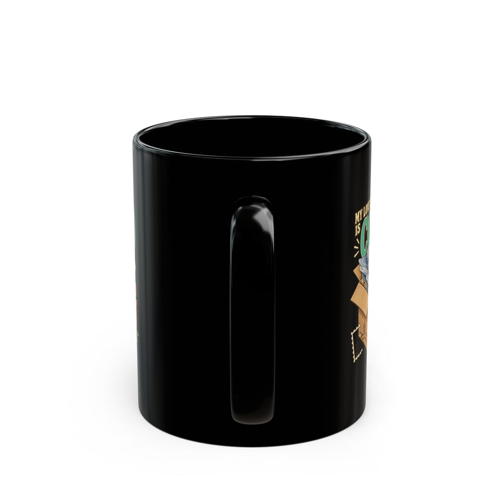 Royelle black ceramic mug with original My Love Language Is Combined Shipping artwork and mineral-filled box illustration