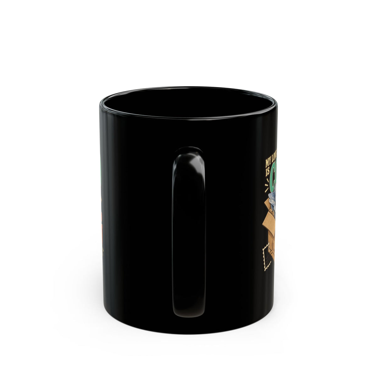 Royelle black ceramic mug with original My Love Language Is Combined Shipping artwork and mineral-filled box illustration