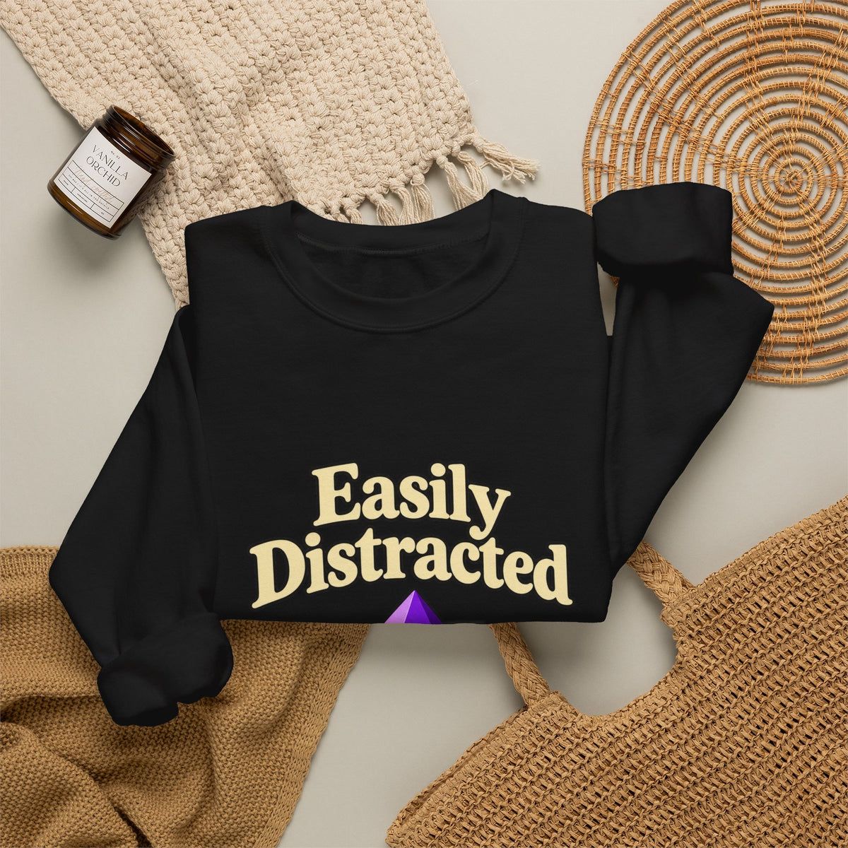 Crystal Lover Crewneck Sweatshirt — "Easily Distracted by Pretty Rocks" Graphic