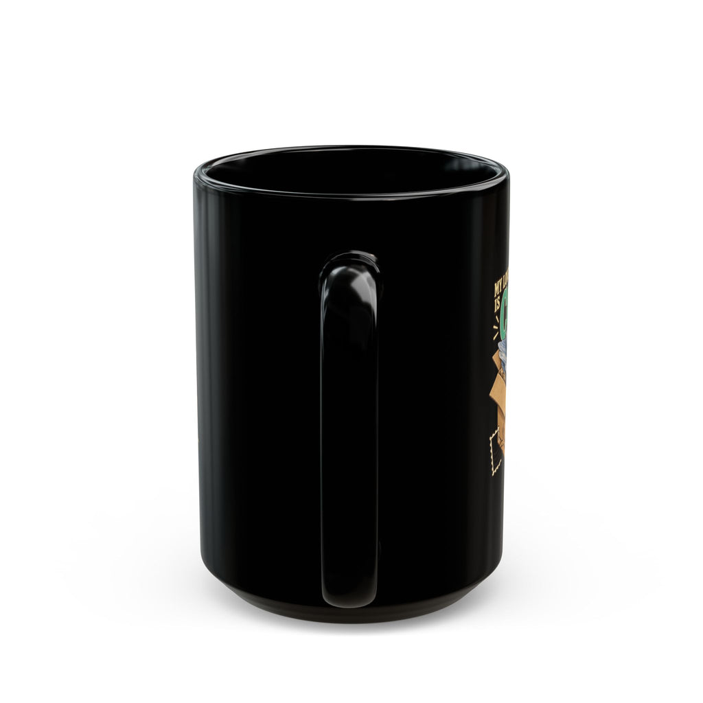 Royelle black ceramic mug with original My Love Language Is Combined Shipping artwork and mineral-filled box illustration