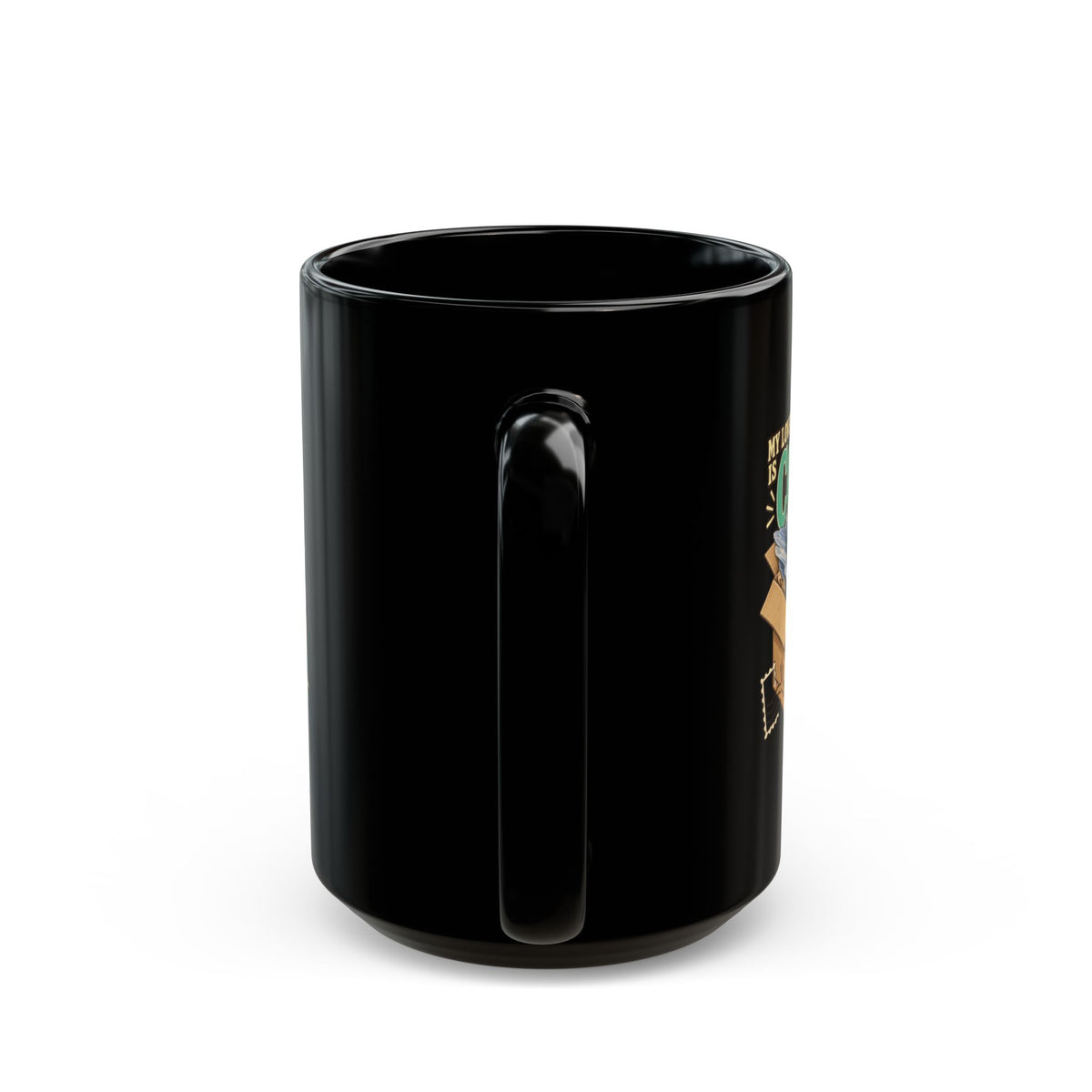 Royelle black ceramic mug with original My Love Language Is Combined Shipping artwork and mineral-filled box illustration