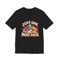Royelle Just One More Rock T-shirt in Black, front view, with colorful illustrated minerals and slogan.