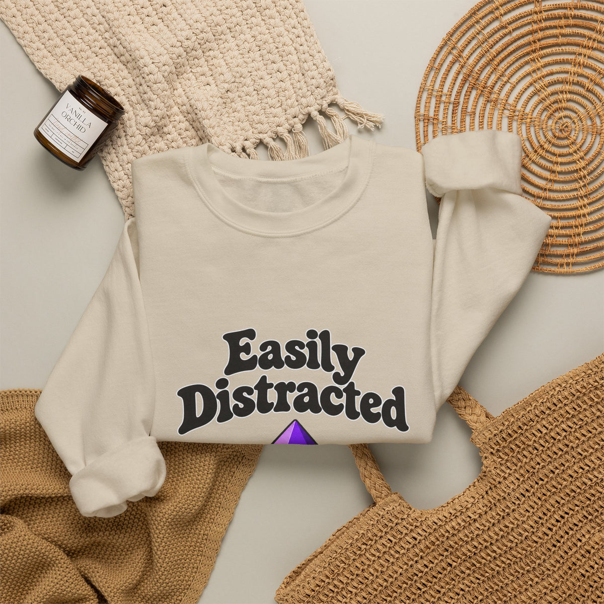Crystal Lover Crewneck Sweatshirt — "Easily Distracted by Pretty Rocks" Graphic — Black Lettering