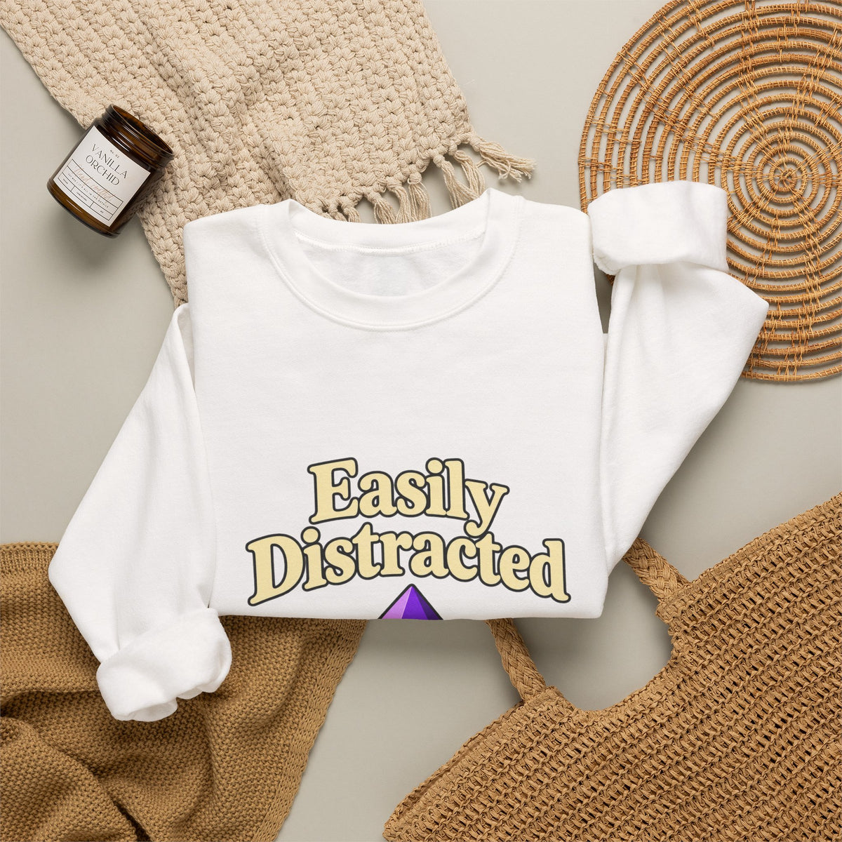 Crystal Lover Crewneck Sweatshirt — "Easily Distracted by Pretty Rocks" Graphic