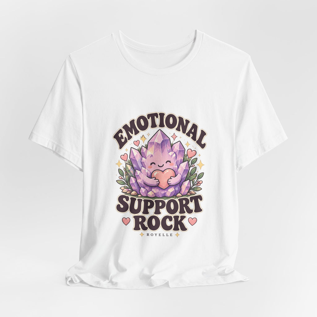 Royelle Emotional Support Rock T-shirt in White, hanging front view, with a smiling purple crystal hugging a pink heart and slogan.