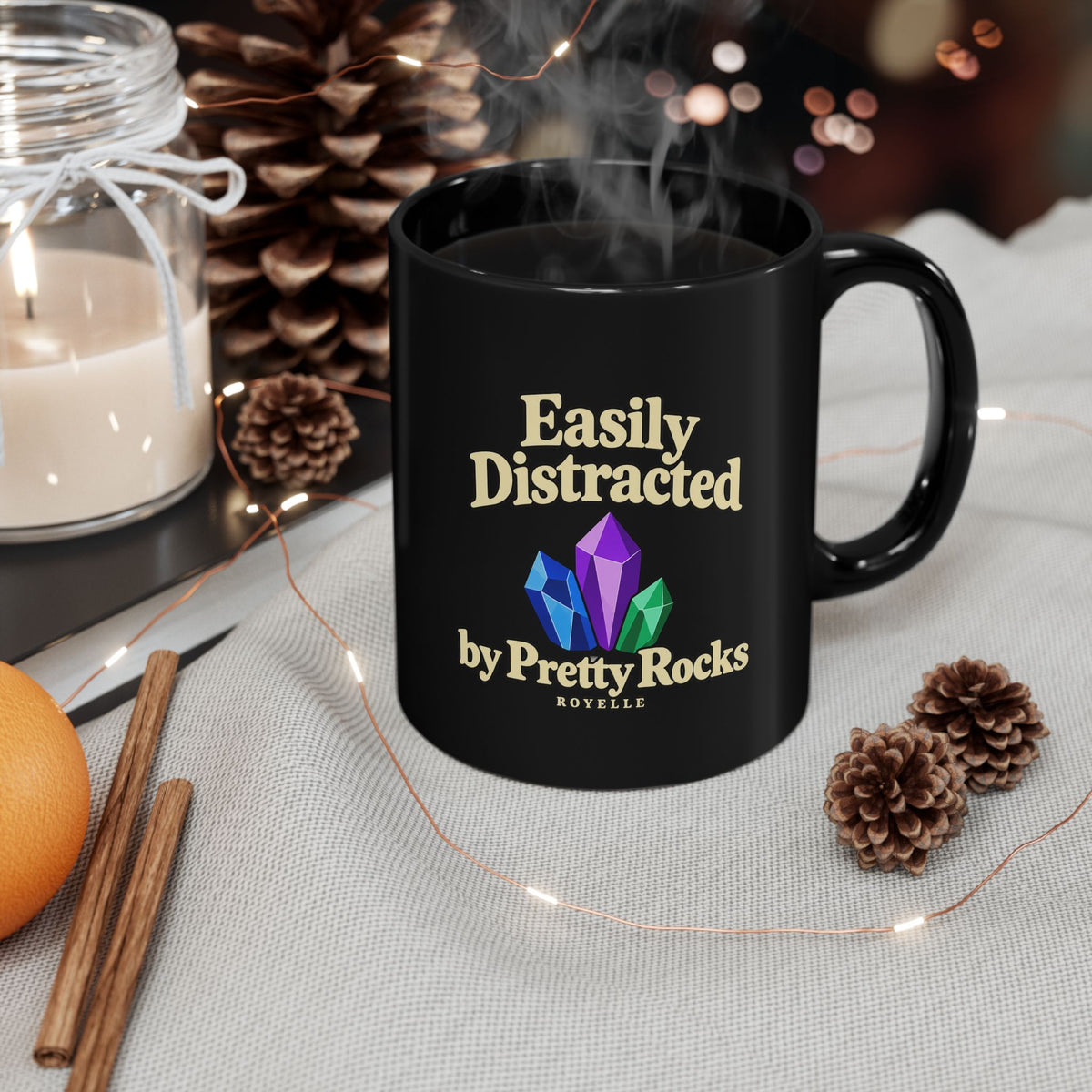 Easily Distracted by Pretty Rocks Black Ceramic Mug — Cream Lettering