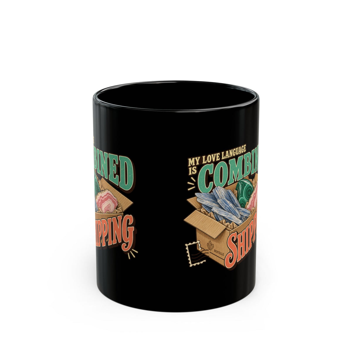 Royelle black ceramic mug with original My Love Language Is Combined Shipping artwork and mineral-filled box illustration