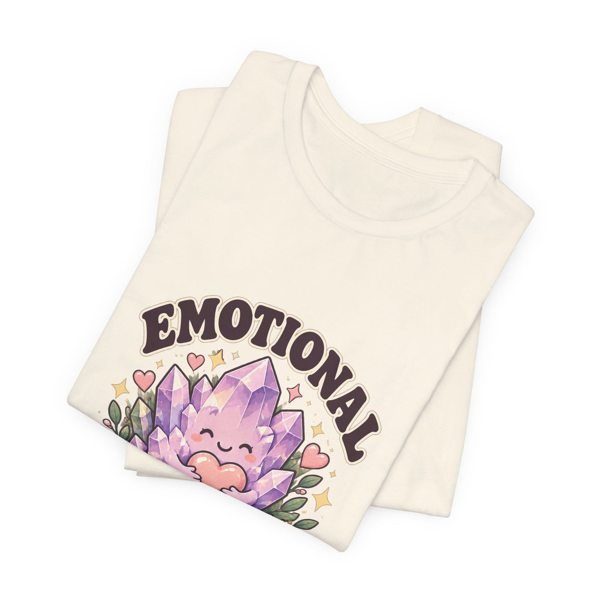 Royelle Emotional Support Rock T-shirt in Natural, folded front view, with a smiling purple crystal hugging a pink heart and slogan.