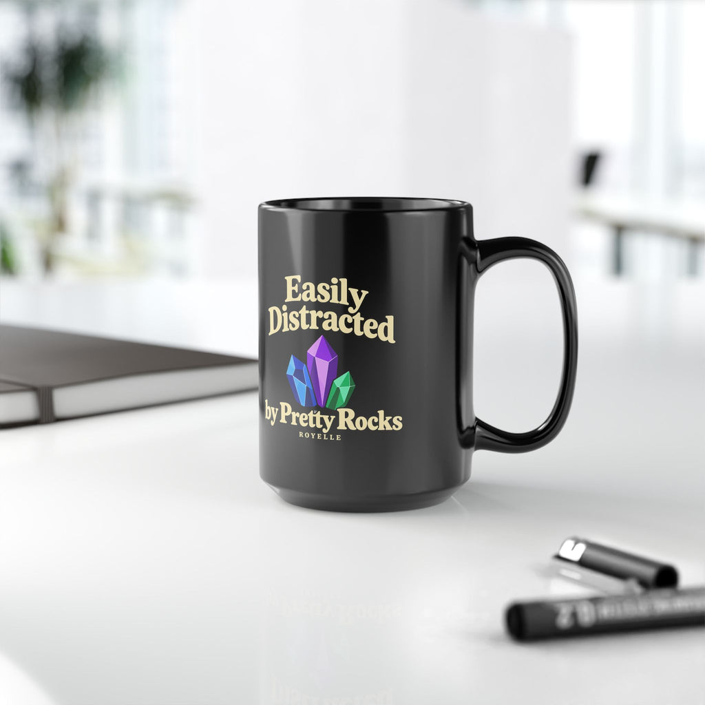 Easily Distracted by Pretty Rocks Black Ceramic Mug — Cream Lettering