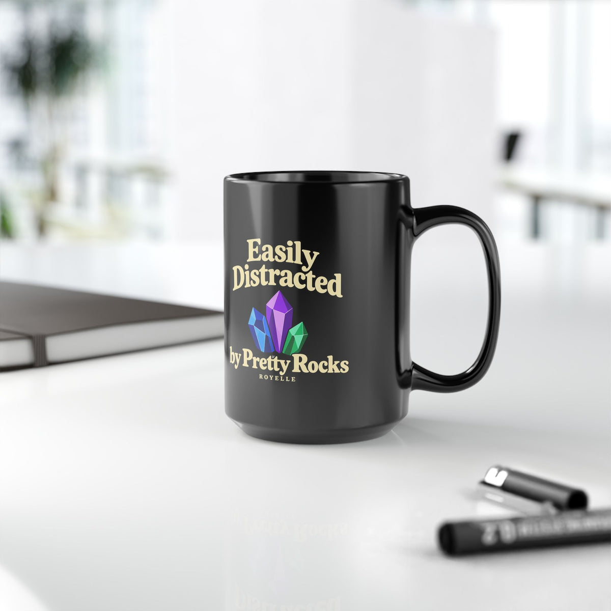 Easily Distracted by Pretty Rocks Black Ceramic Mug — Cream Lettering
