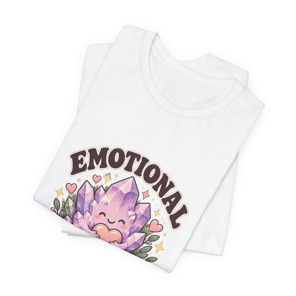 Royelle Emotional Support Rock T-shirt in White, folded front view, with a smiling purple crystal hugging a pink heart and slogan.
