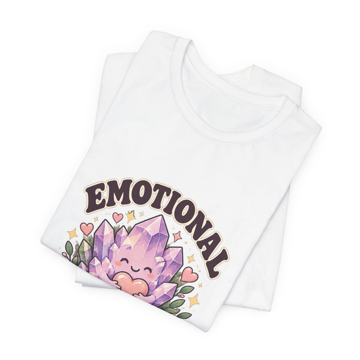 Royelle Emotional Support Rock T-shirt in White, folded front view, with a smiling purple crystal hugging a pink heart and slogan.