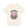 Royelle Emotional Support Rock T-shirt in Natural, front view, with a smiling purple crystal hugging a pink heart and slogan.