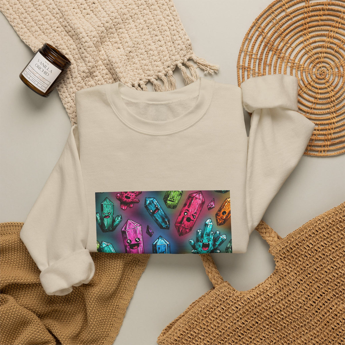 Colorful Crystal Characters Crewneck | Earth Tones & Brights