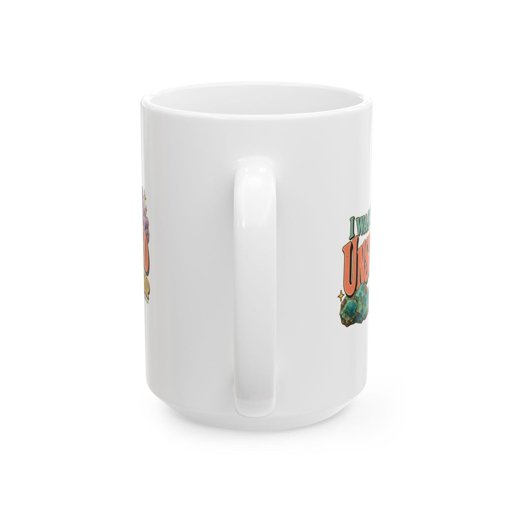 Royelle white ceramic mug with original I Was Left Unsupervised at the Rock Shop lettering and mineral illustrations