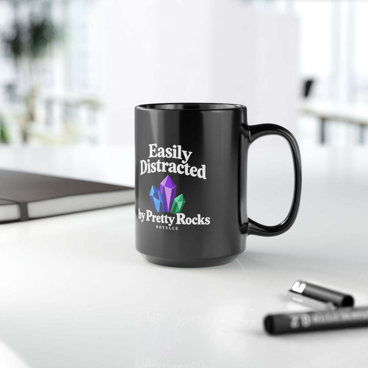 Easily Distracted by Pretty Rocks Black Ceramic Mug — White Lettering