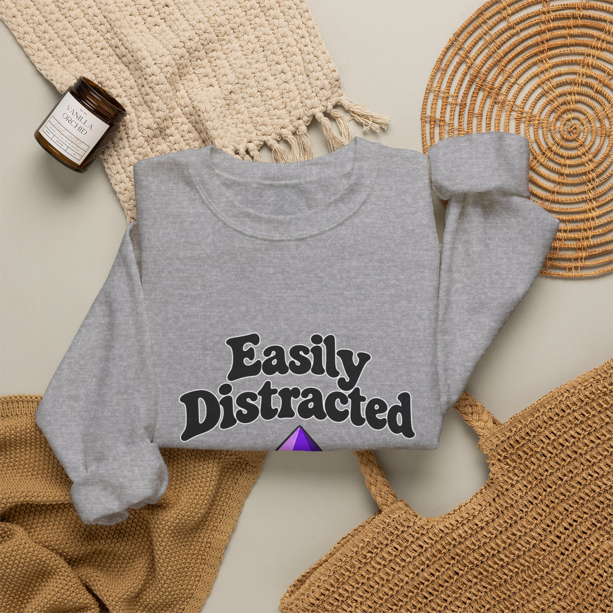 Crystal Lover Crewneck Sweatshirt — "Easily Distracted by Pretty Rocks" Graphic — Black Lettering