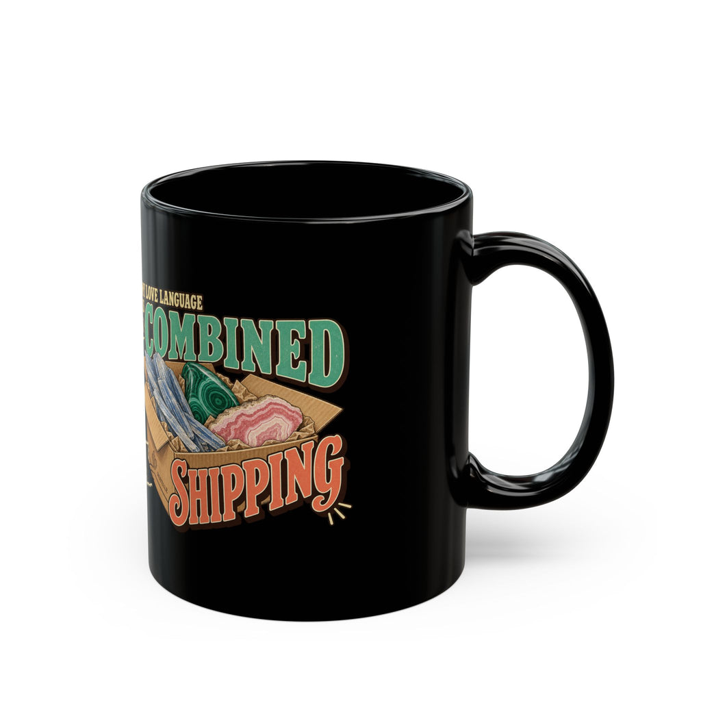 Royelle black ceramic mug with original My Love Language Is Combined Shipping artwork and mineral-filled box illustration