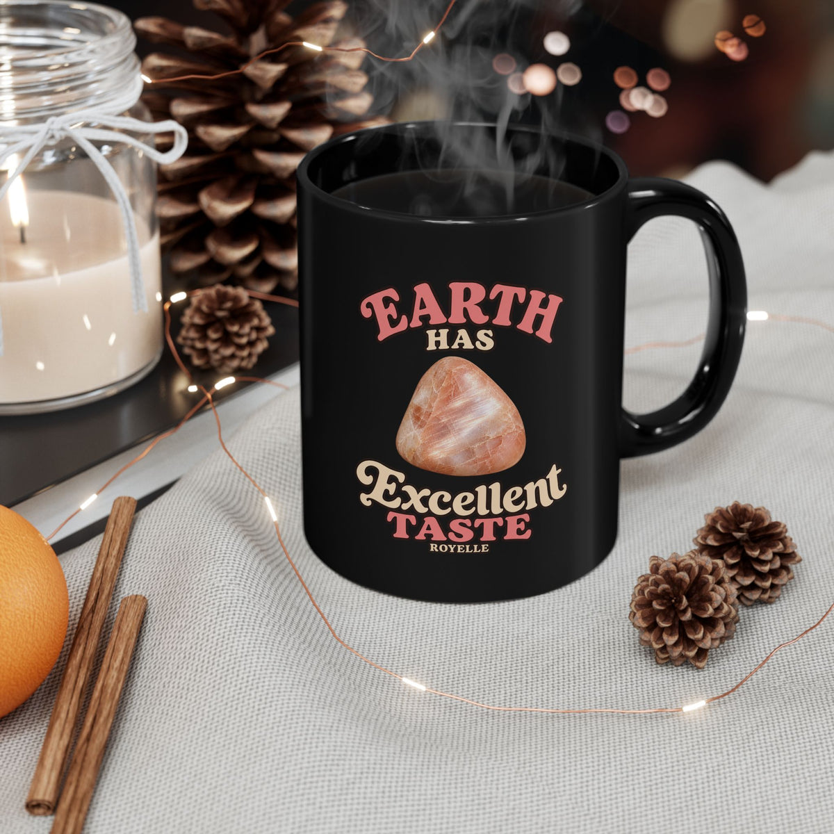 Earth Has Excellent Taste — Peach Moonstone Black Mug