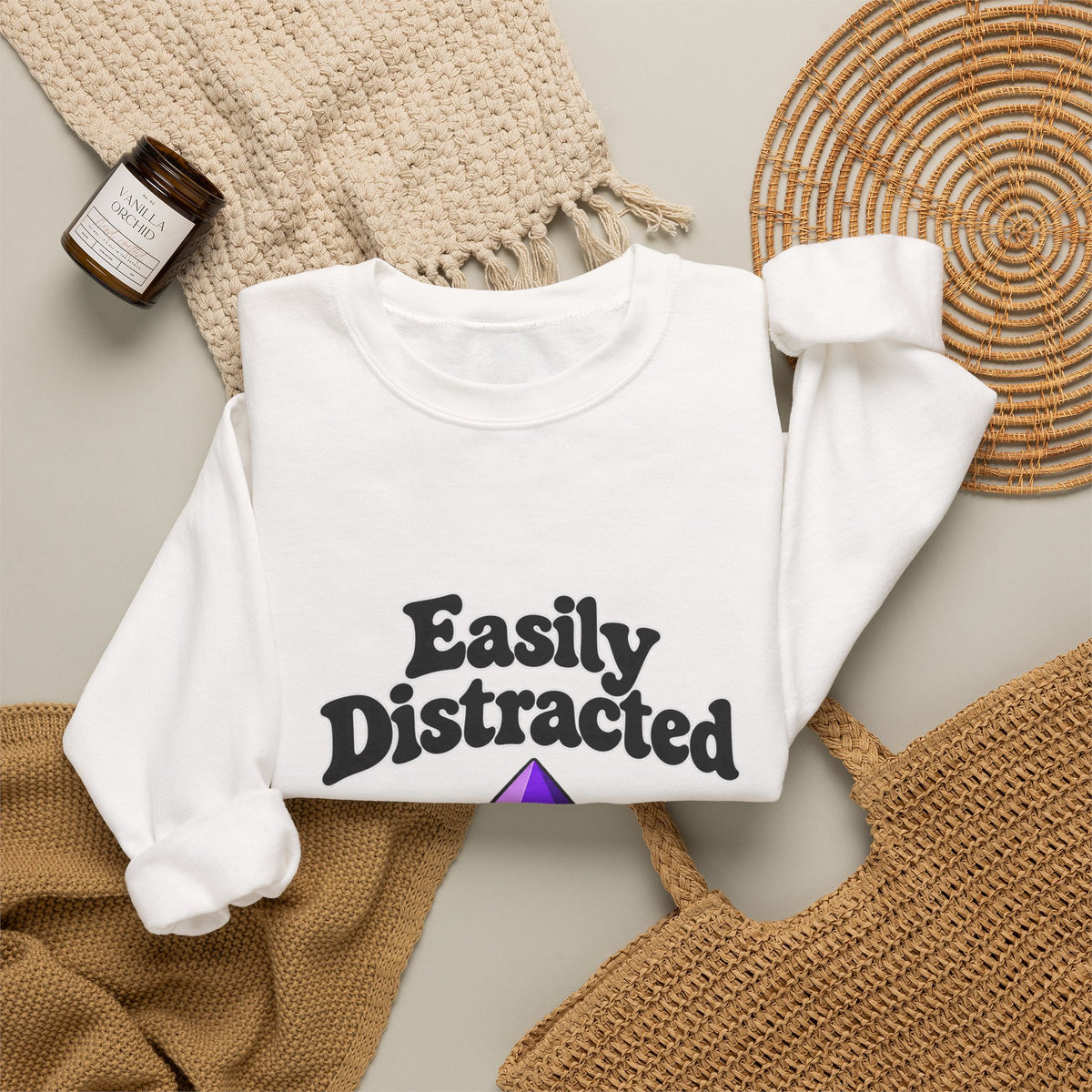 Crystal Lover Crewneck Sweatshirt — "Easily Distracted by Pretty Rocks" Graphic — Black Lettering