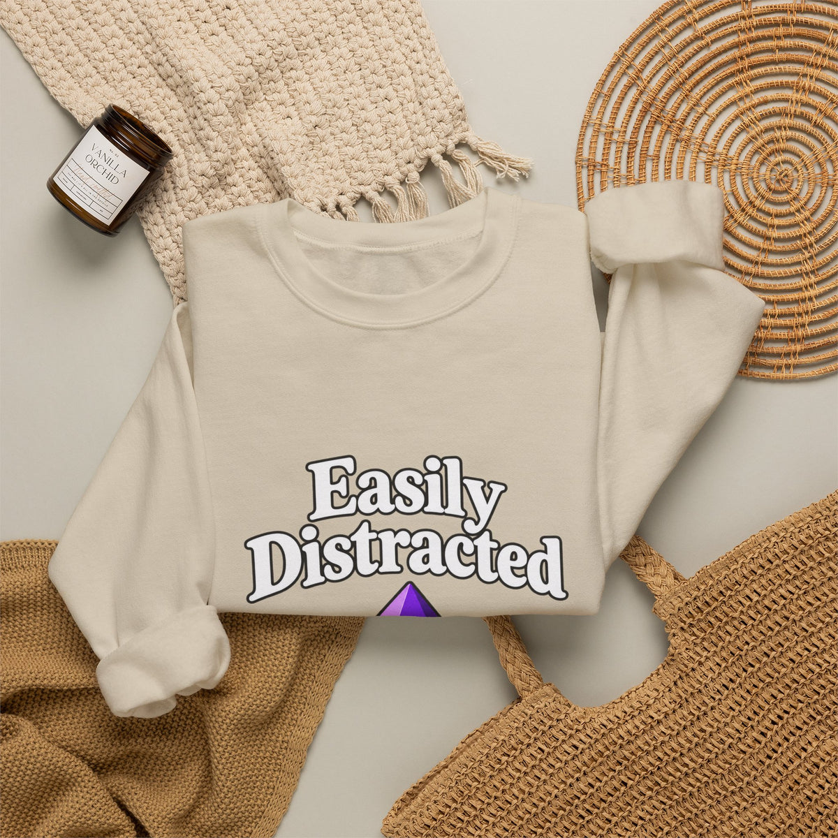 Crystal Lover Crewneck Sweatshirt — "Easily Distracted by Pretty Rocks" Graphic — White Lettering