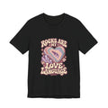 Royelle Rocks Are My Love Language T-shirt in Black, front view, with pastel agate heart, crystals and flowers and slogan.